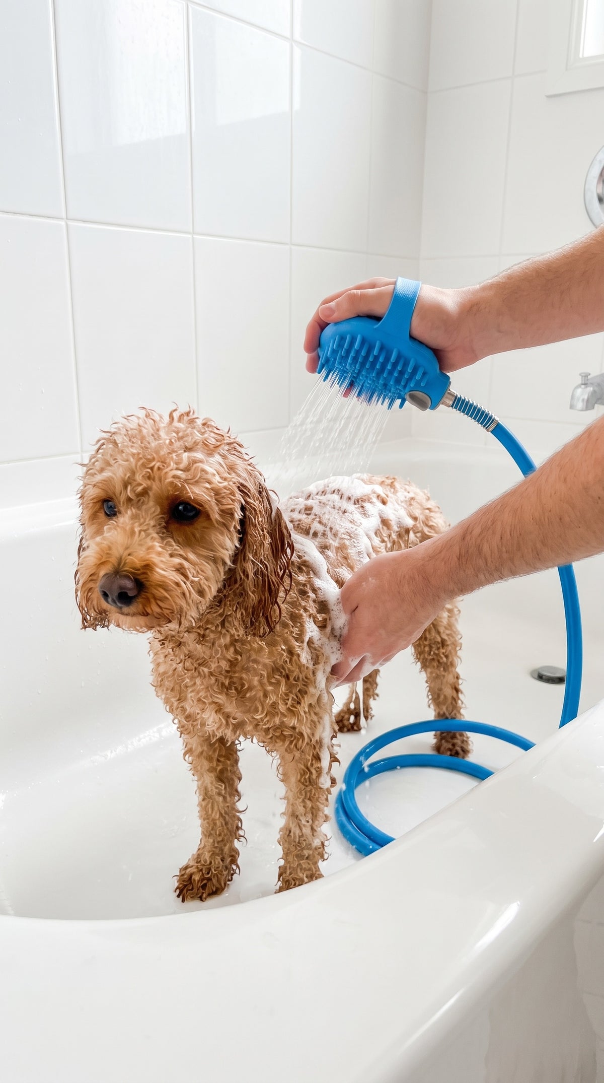 Perro en la bañera con la ducha con cepillo