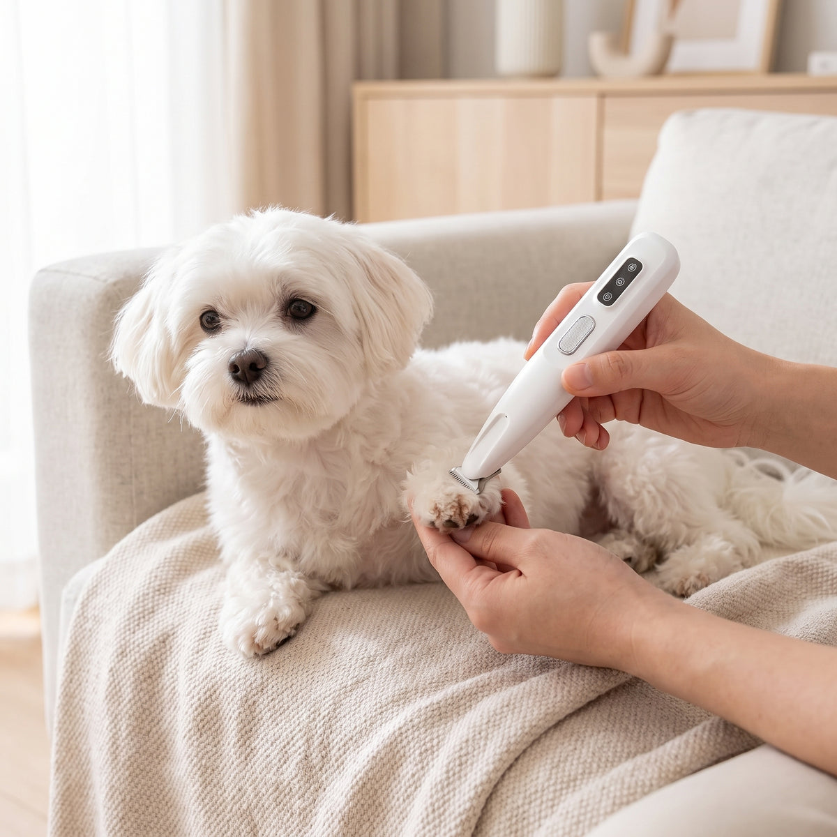 Recortadora repasando la pata de un bichón maltés en el sofá