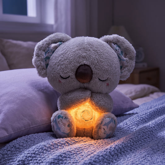 Mimo, el koala que respira, gris, con la luz de la barriga encendida sobre una cama de noche