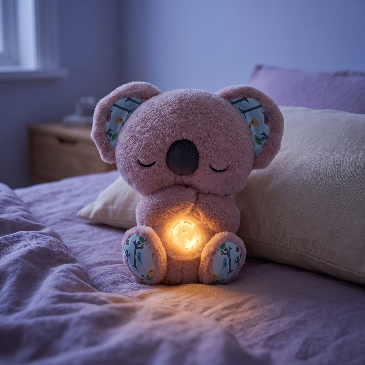 Mimo rosa con la luz de la barriga encendida sobre una cama de noche