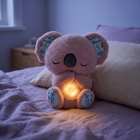 Mimo rosa con la luz de la barriga encendida sobre una cama de noche