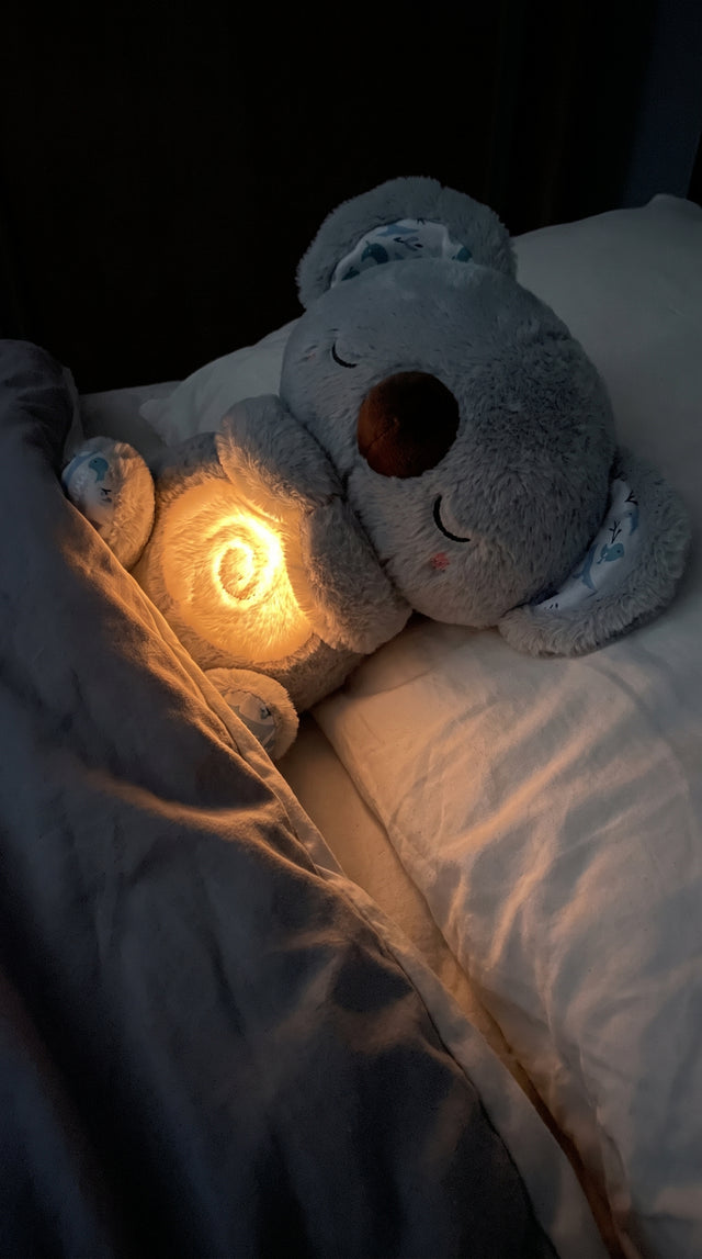 Mimo en la almohada, brillando junto a la cama a oscuras
