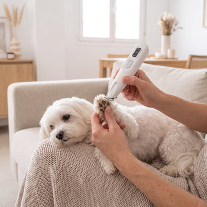 Recortadora repasando las patas de un bichón maltés