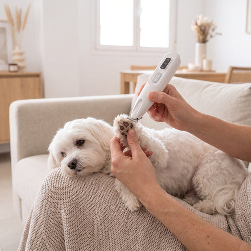 Recortadora repasando las patas de un bichón maltés