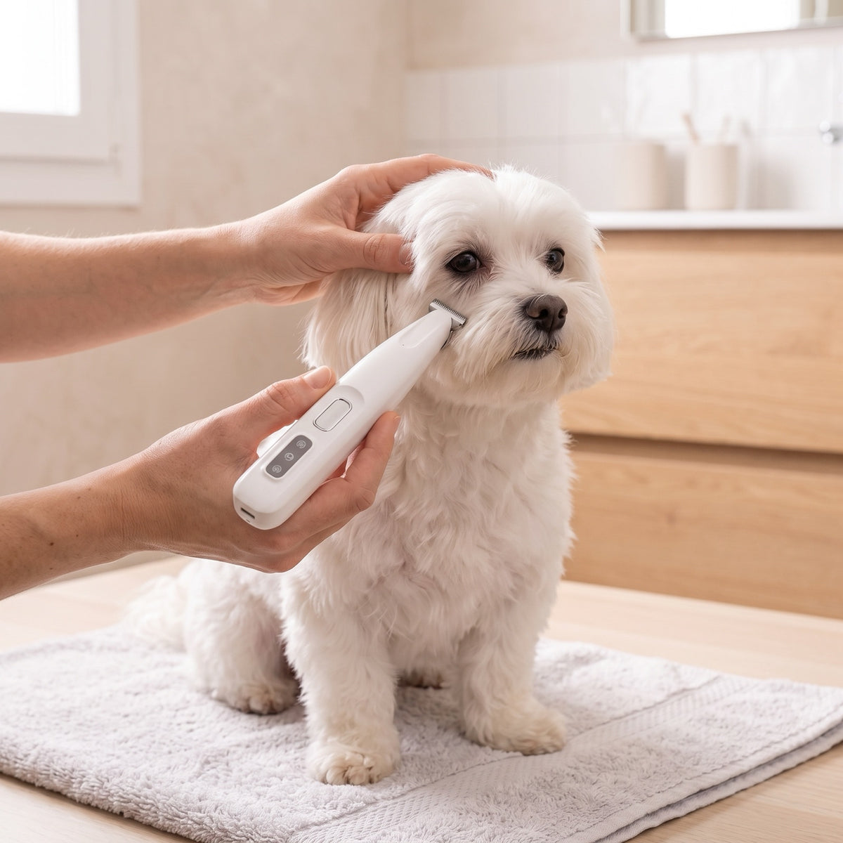 Recortando el pelo alrededor de los ojos de un perro