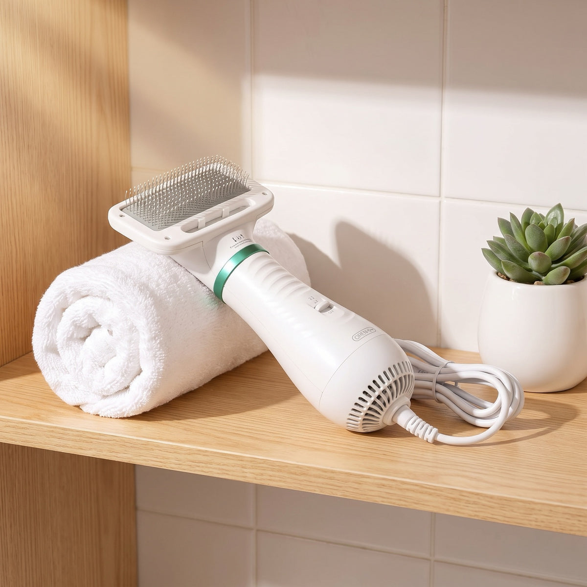 Cepillo secador guardado en una balda del baño